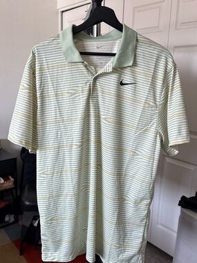 Nike Men's Pale Green and Cream Striped Polo Shirt